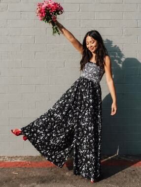 Free People Color My World Black White Floral Smocked Bodice Jumpsuit Size M